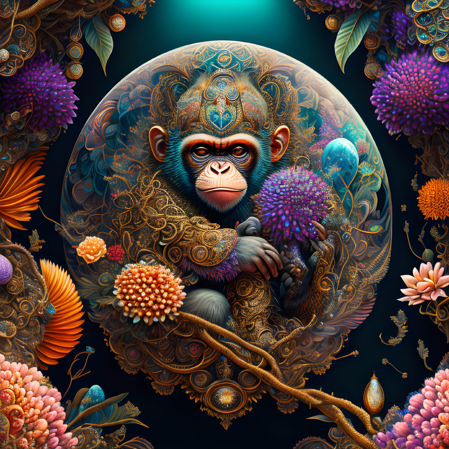 Colorful Illustration of Intricate Monkey in Lush Floral Environment