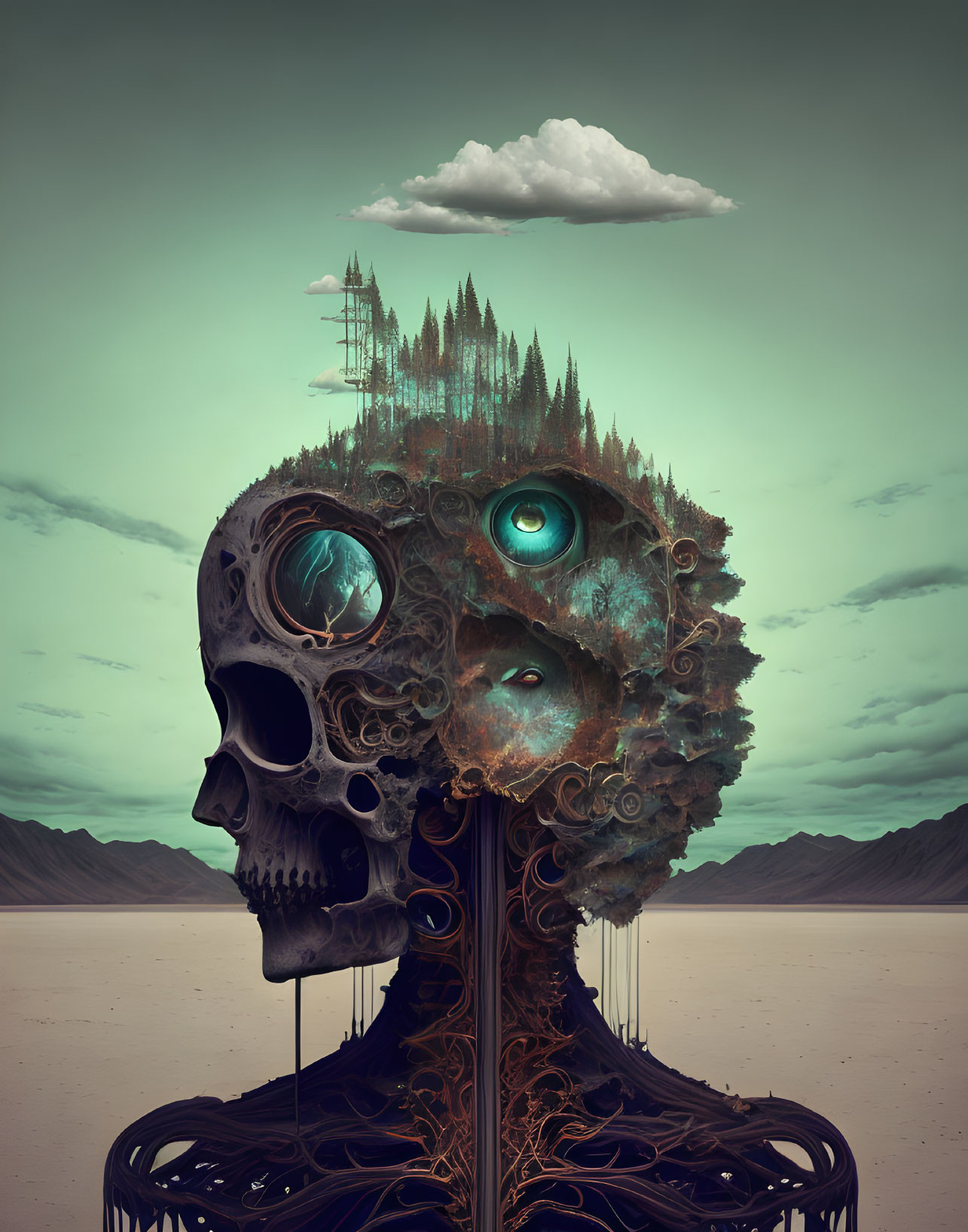 Human skull intertwined with nature elements and ornate patterns in surreal artwork.