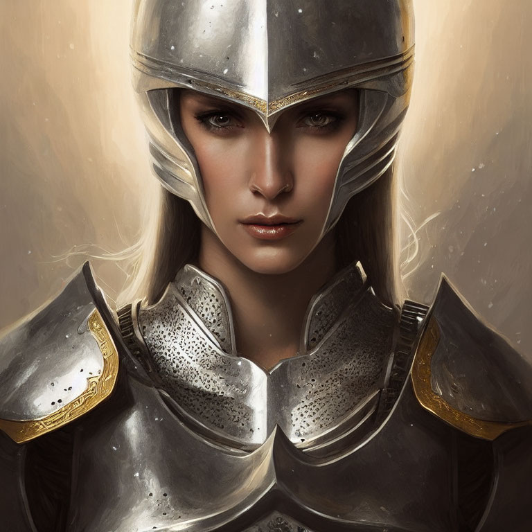 Portrait of Woman in Medieval Knight Armor with Visor Up