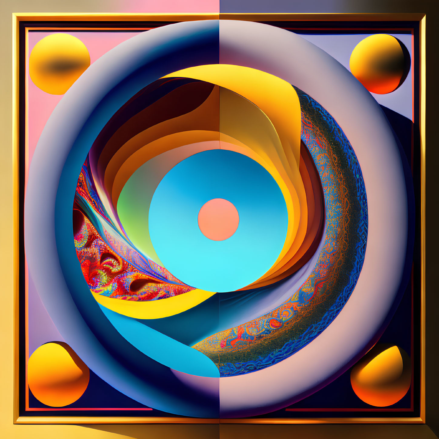 Vivid Abstract Digital Artwork with Concentric Circles and Geometric Frame