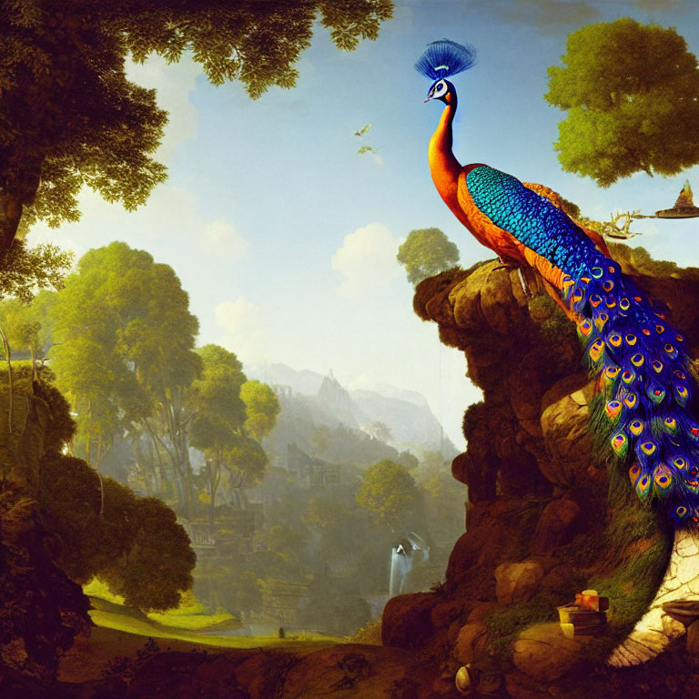 Colorful peacock on rocky ledge with serene landscape view