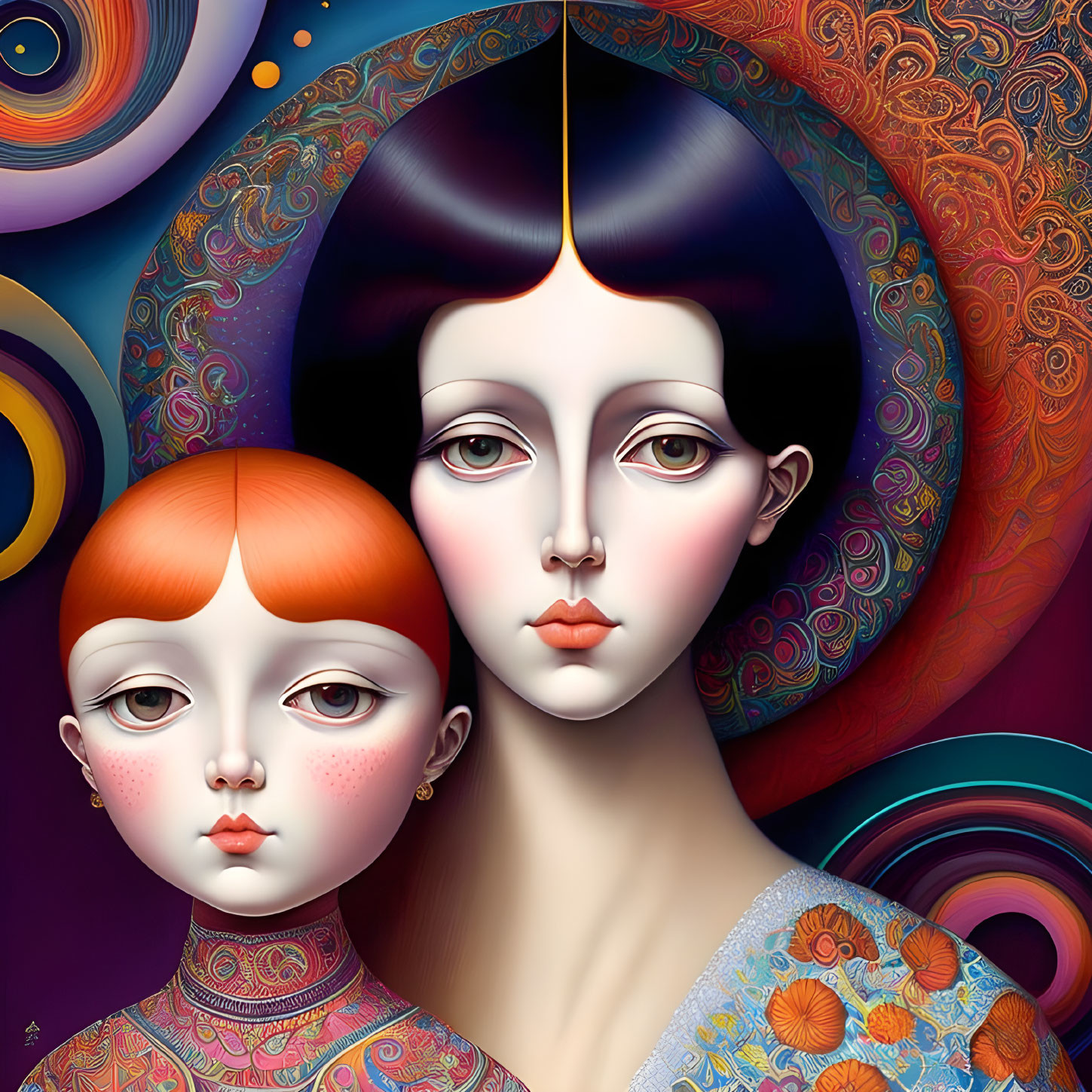 Colorful Stylized Portraits of Adult and Child with Intricate Patterns
