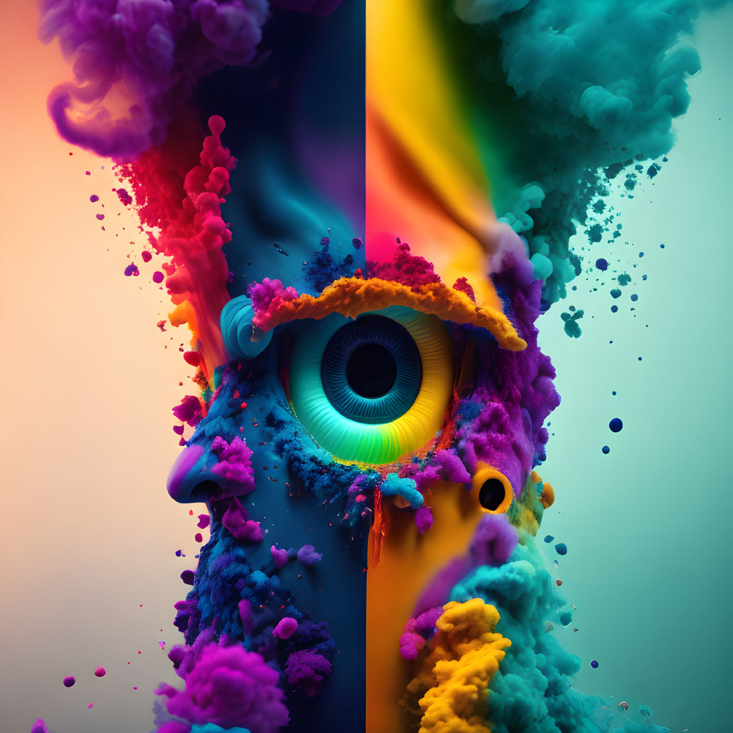 Colorful Abstract Human Face with Central Eye and Rainbow Smoke Swirls