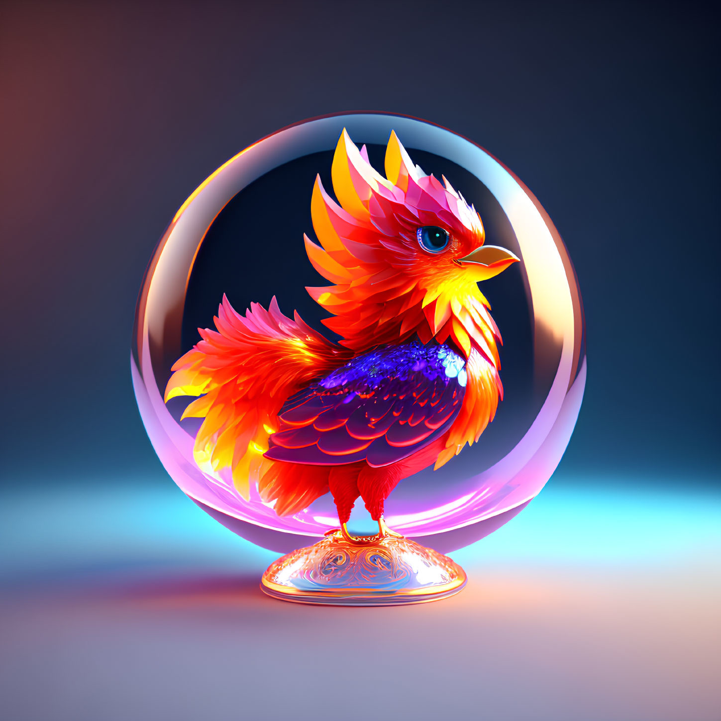 Colorful Mythical Bird Illustration in Glass Orb on Pedestal