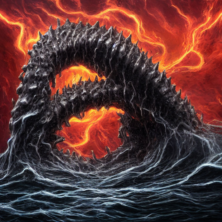 Spine-covered sea creature arches over fiery red skies and swirling lava