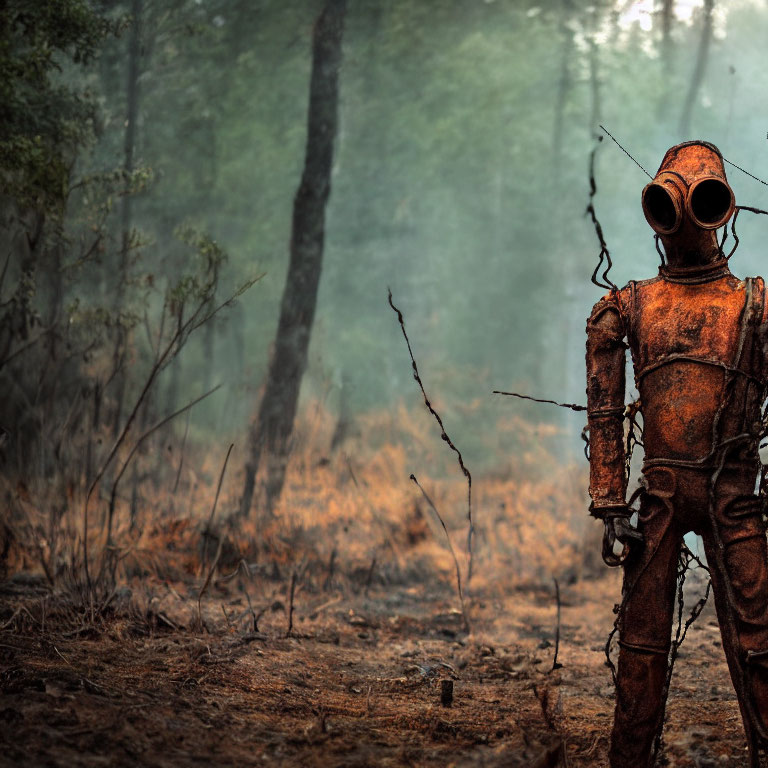 Rustic diving suit figure in misty forest with barren trees and orange leaves