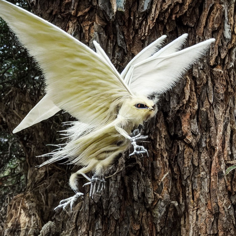 White Feathered Mythical Bird Soaring from Tree Trunk