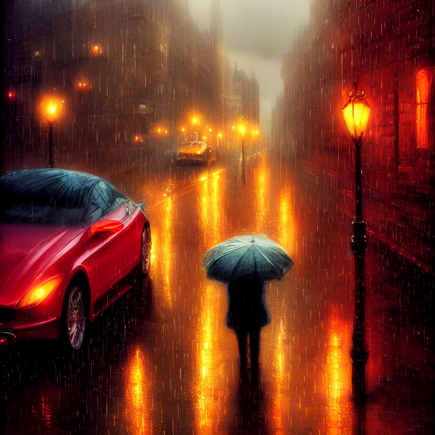 Pedestrian with umbrella on rainy street under warm streetlights and car.