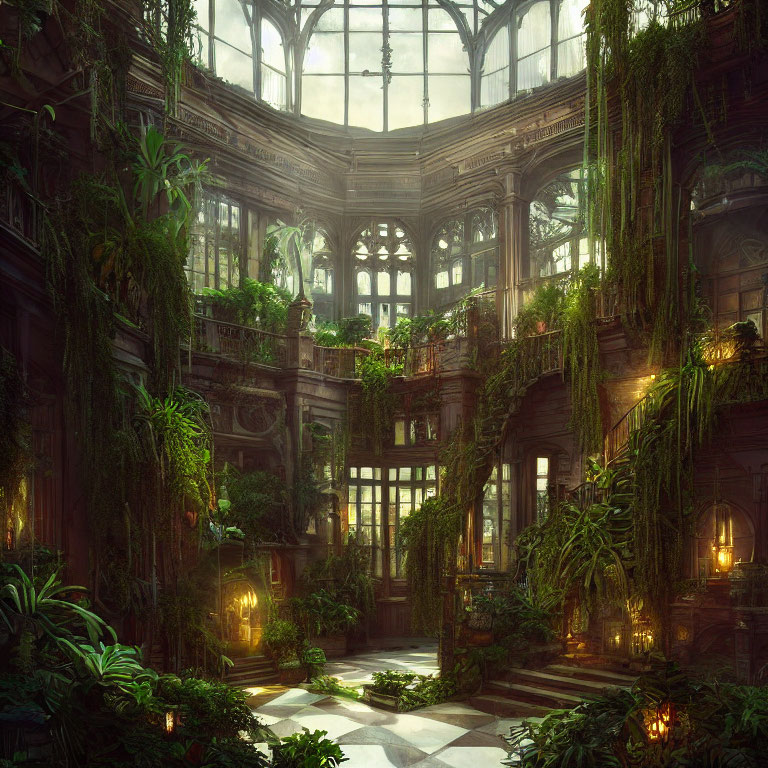 Abandoned greenhouse with lush foliage and glass ceilings