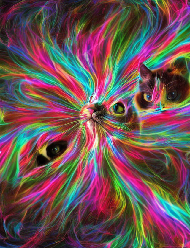 Colorful Fractal Art: Multiple Cat Faces in Neon Hues