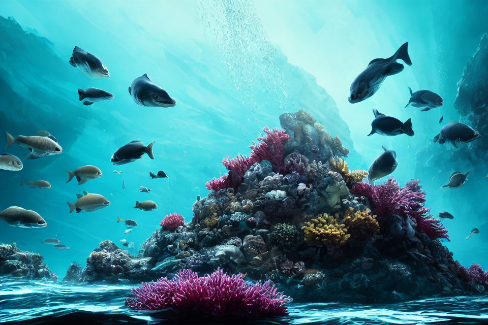 Colorful Fish Swimming Above Vibrant Coral Reef in Underwater Scene