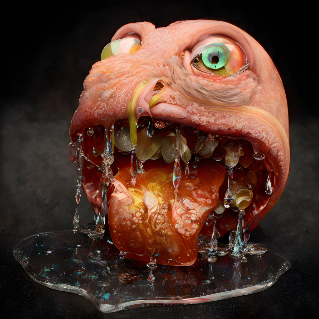 Monstrous slug-like creature sculpture with bulbous eyes and sharp teeth