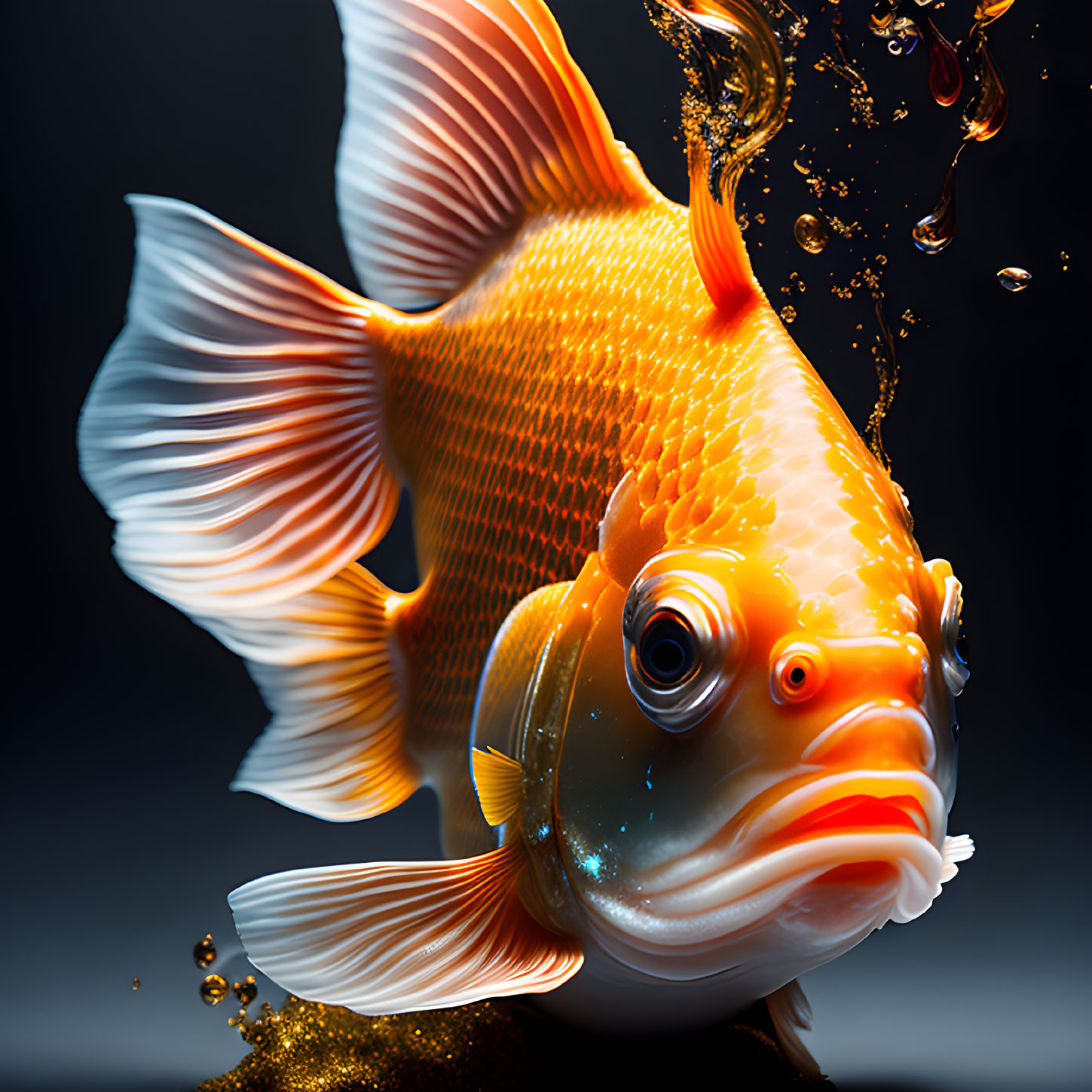 Vibrant orange goldfish swimming underwater with bubbles against dark backdrop