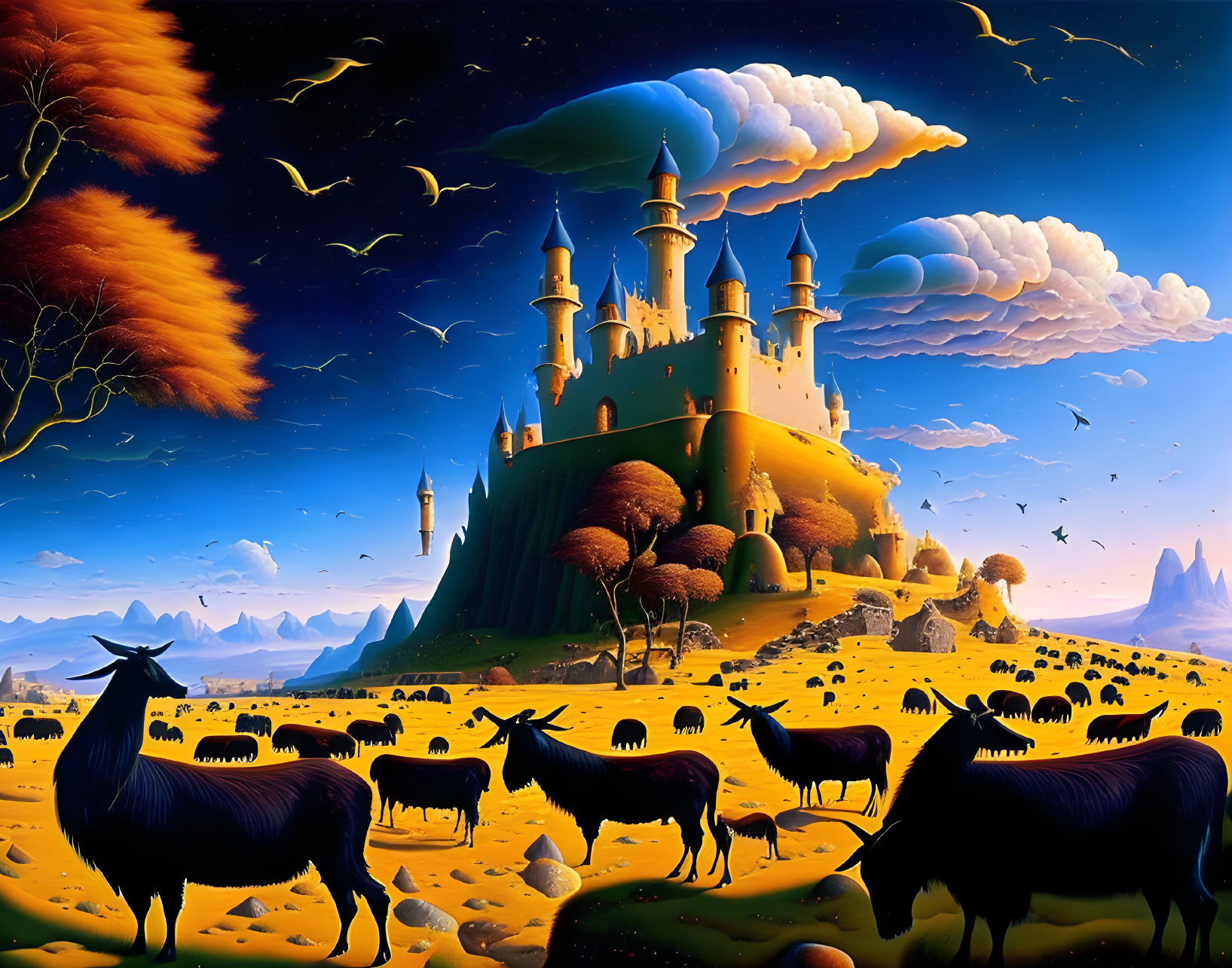 Fantasy landscape with castle, goats, autumn trees & whimsical clouds
