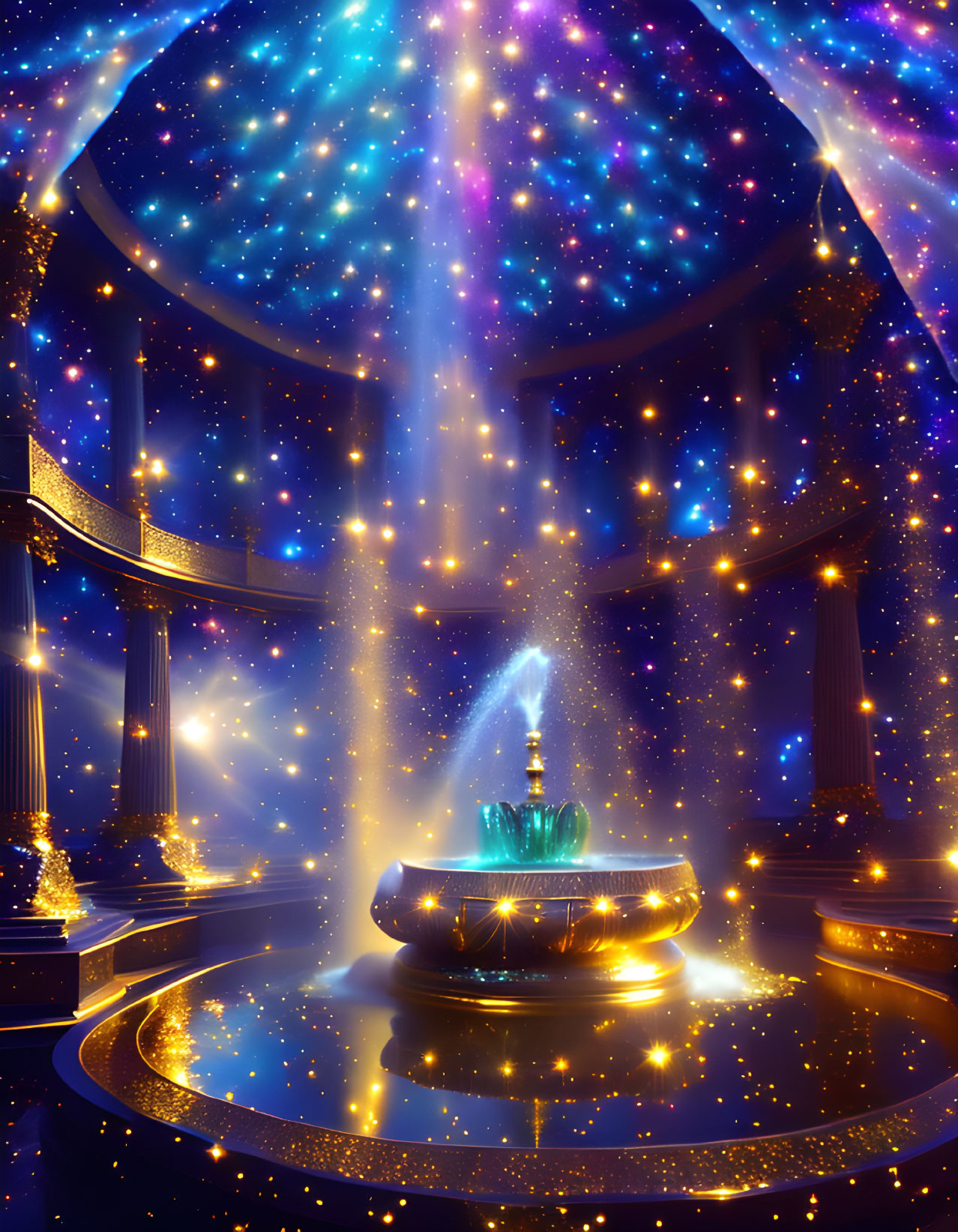 Fantastical indoor scene with star-filled dome ceiling, fountain, classical columns, and celestial motifs.
