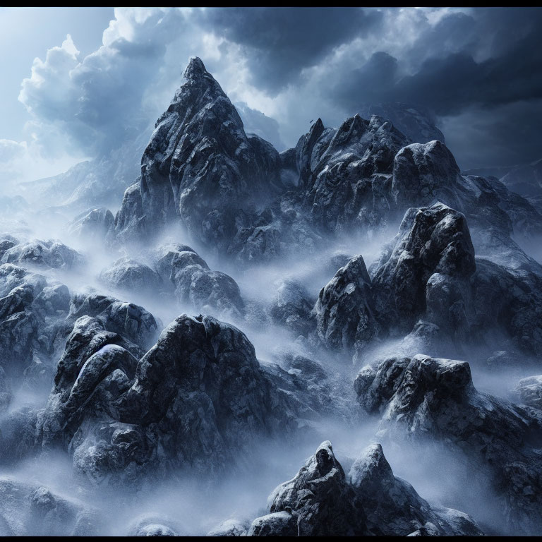 Rugged Mountains in Misty Cloudy Sky