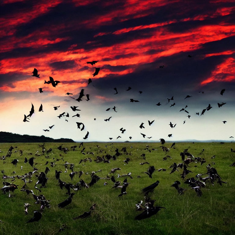 Flock of Birds Flying at Dusk Against Red and Blue Sunset Sky
