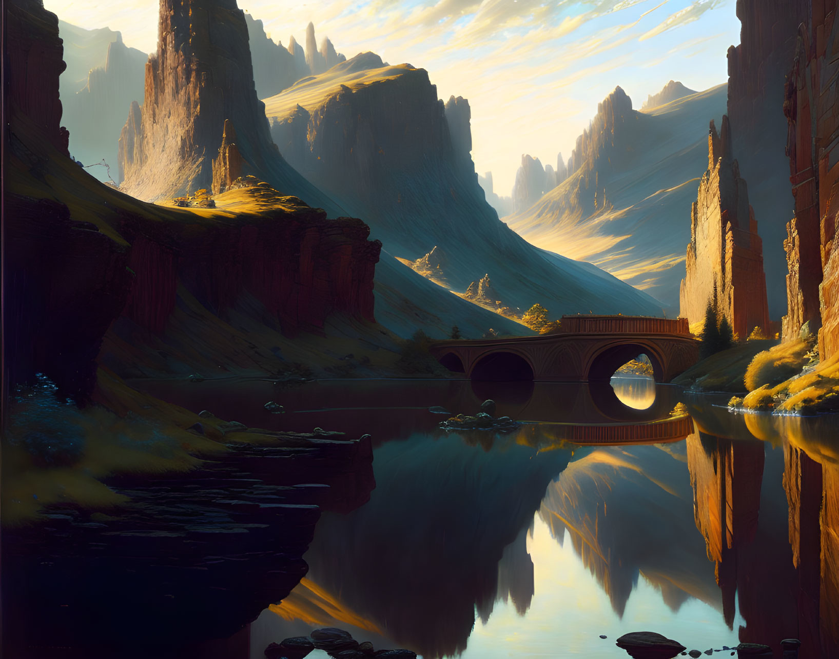 Serene landscape with towering cliffs, river, and arched bridge at sunrise