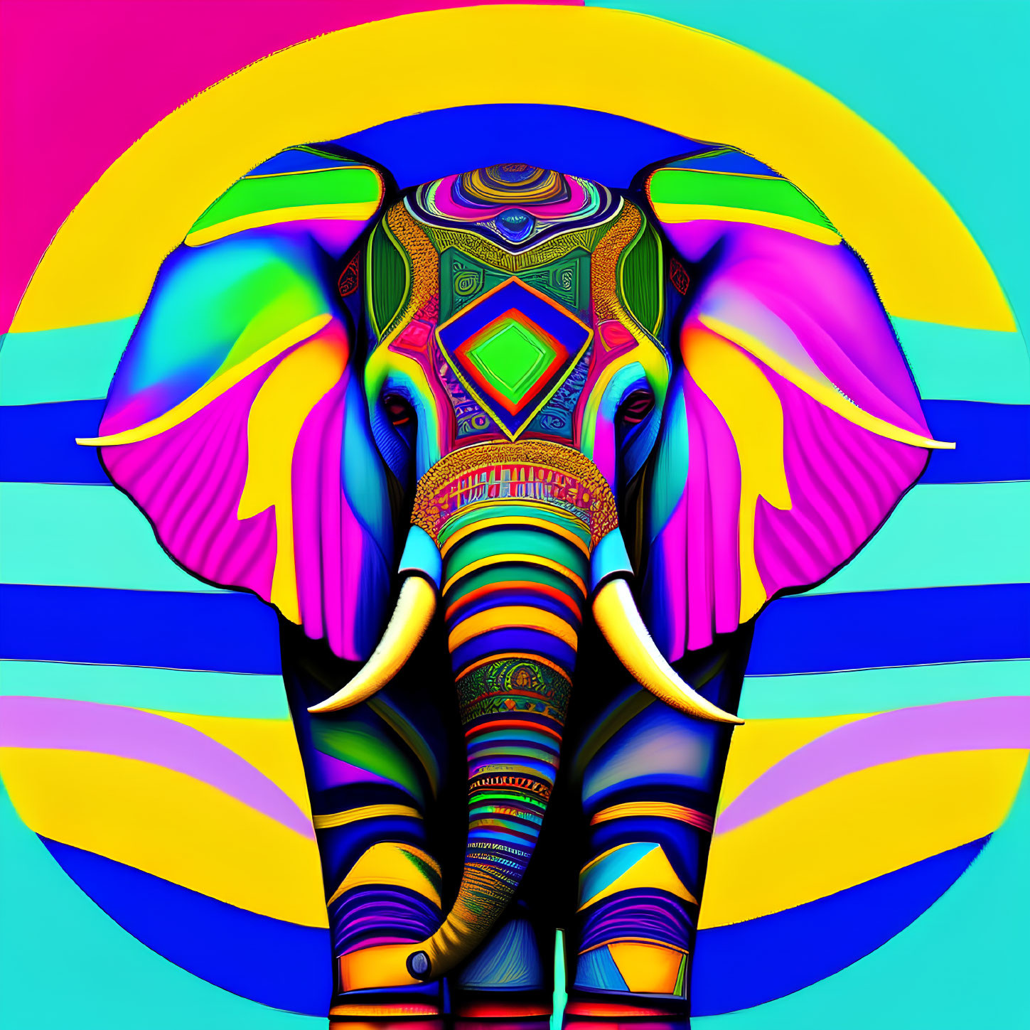 Colorful Psychedelic Elephant Art with Striped Background and Sun Halo