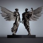 Ornate armored angelic figures with large wings in serene setting