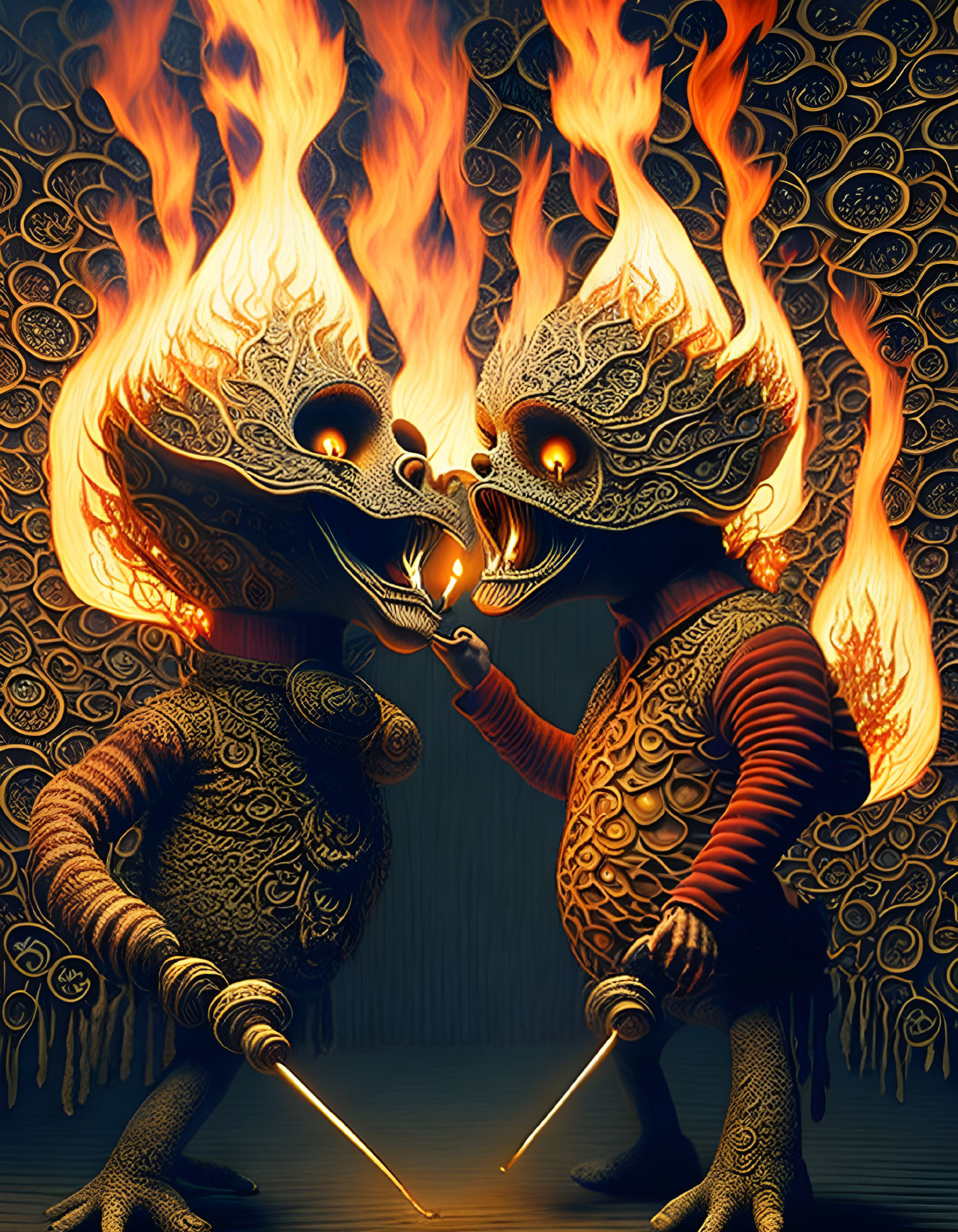 Fantastical creatures in ornate fiery masks duel with torches