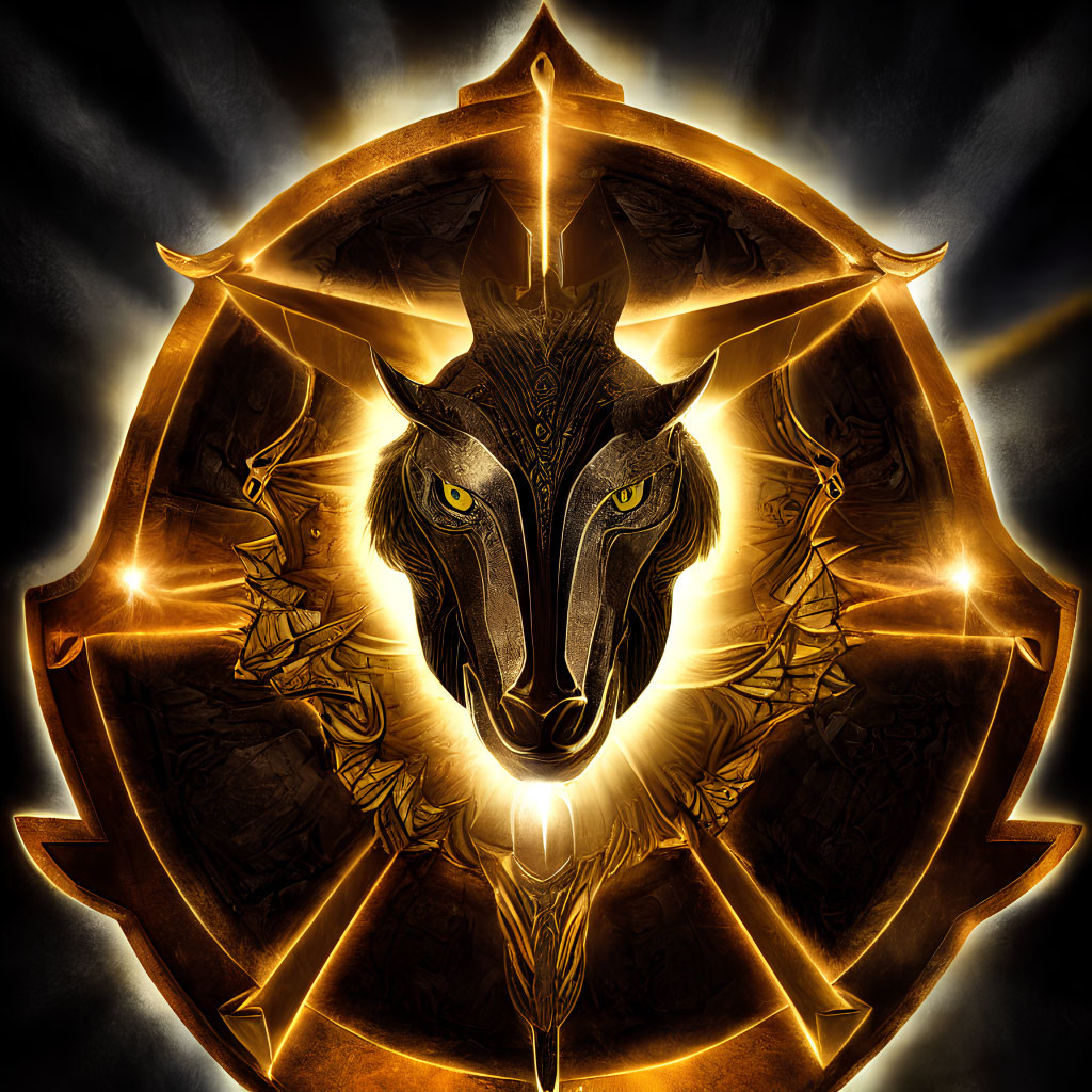 Golden Wolf Face in Intricate Mandala Emblem on Dark Background