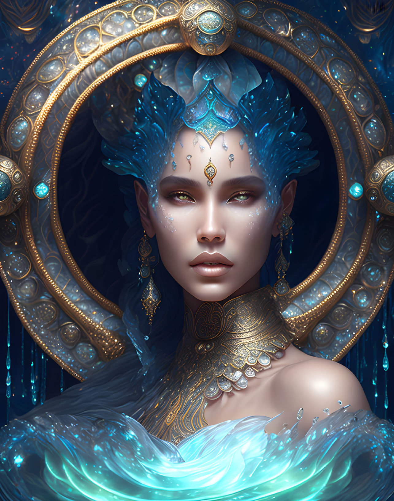 Fantasy illustration: blue-skinned woman with jeweled headdress in cosmic setting