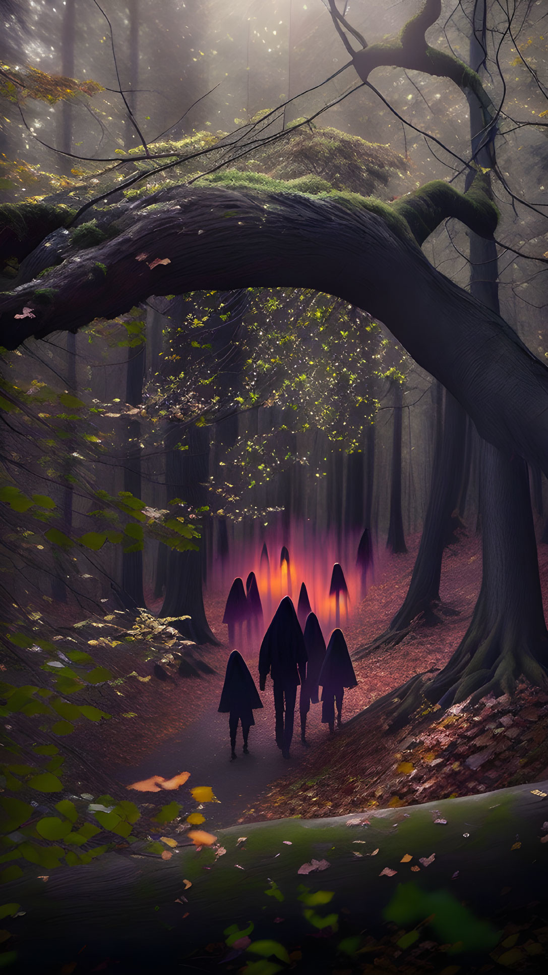 Mystical forest with cloaked figures under curved tree trunk amid purple lights and mist