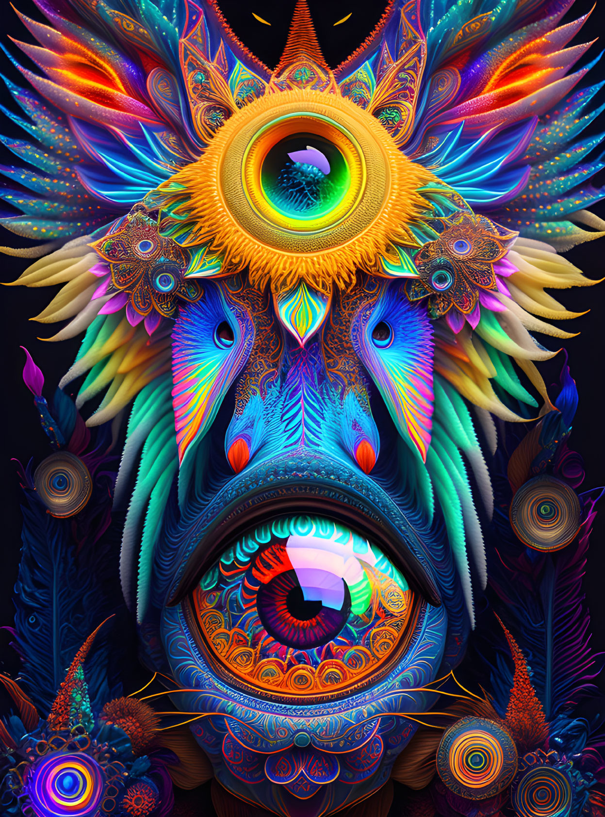 Symmetrical digital art with central eye motif and colorful animal patterns