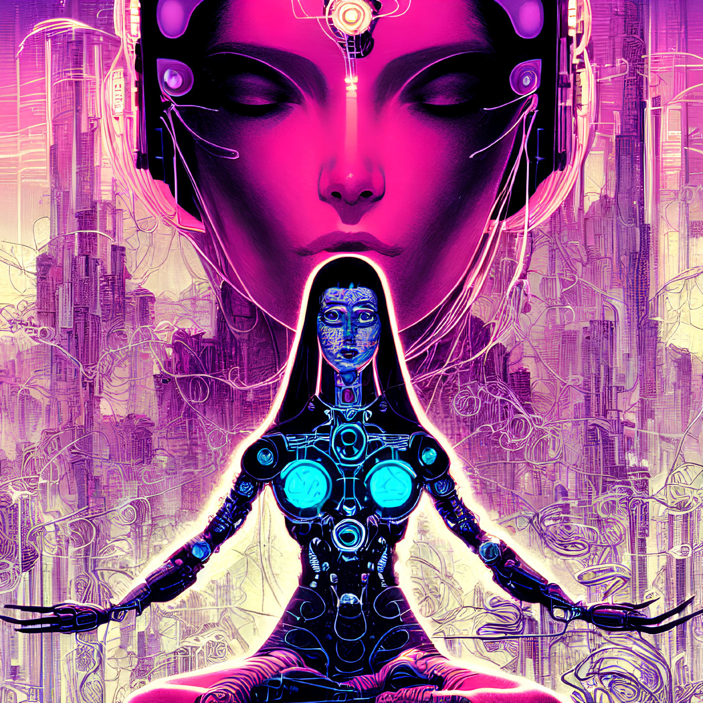 Colorful Female Cyborg Illustration in Futuristic Cityscape, Pink & Purple Palette