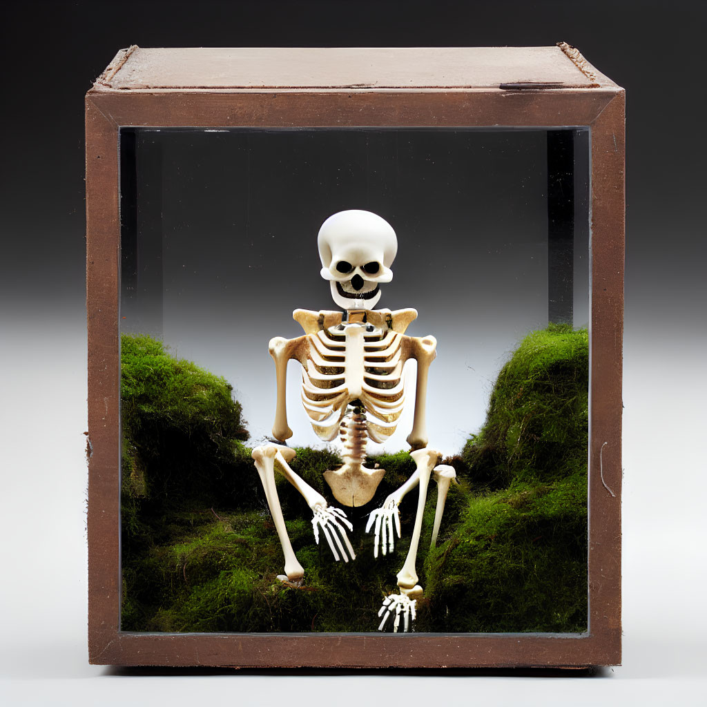 Skeleton in glass box with green moss: A detailed description