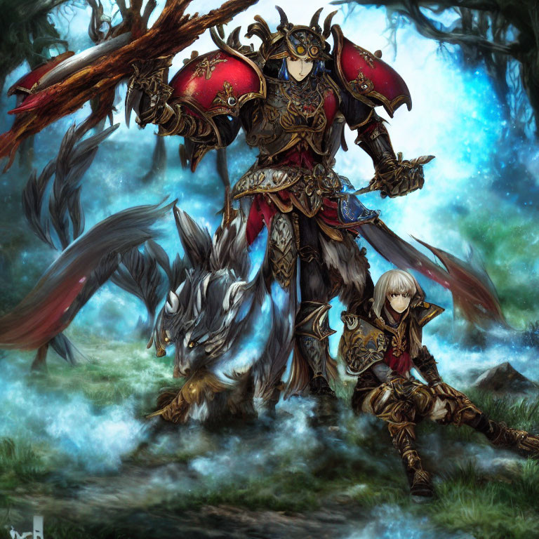 Armored warrior with red shield and wolf companion in mystical forest.