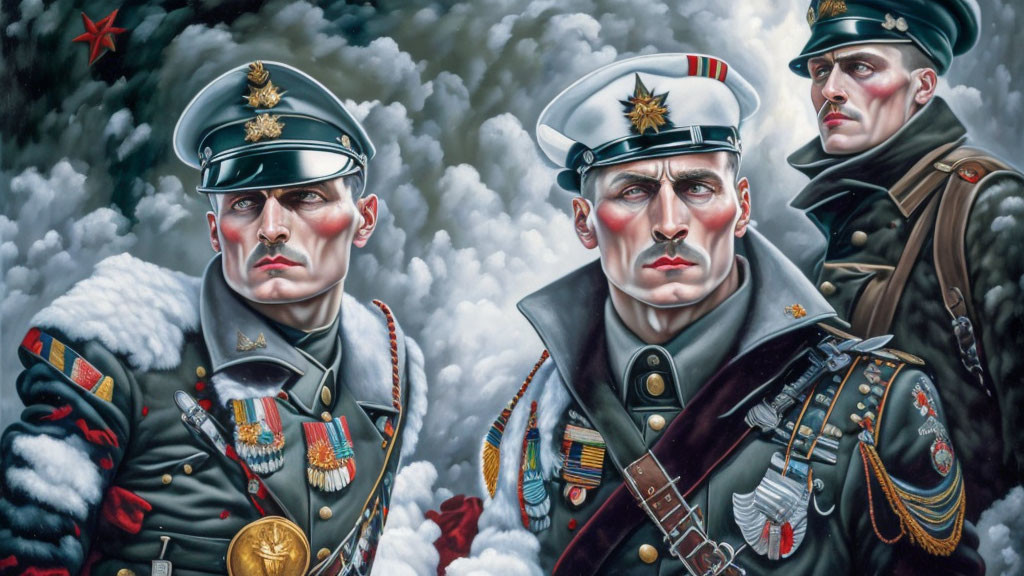 Three military officers in ornate uniforms with medals against cloudy backdrop