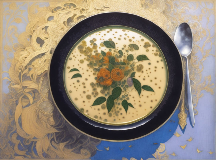 Floral-patterned soup in bowl on blue tablecloth with spoon