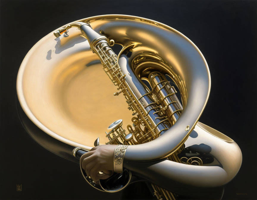 Hyperrealistic Painting of French Horn & Saxophone in Gold Hues