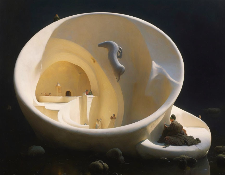 Surrealist painting: Shell-shaped structure with human figures in dark water
