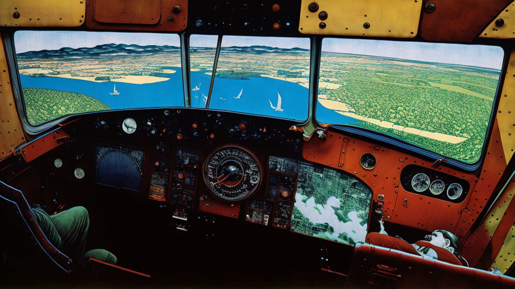 Airplane cockpit with pilot, instruments, and scenic lakescape view