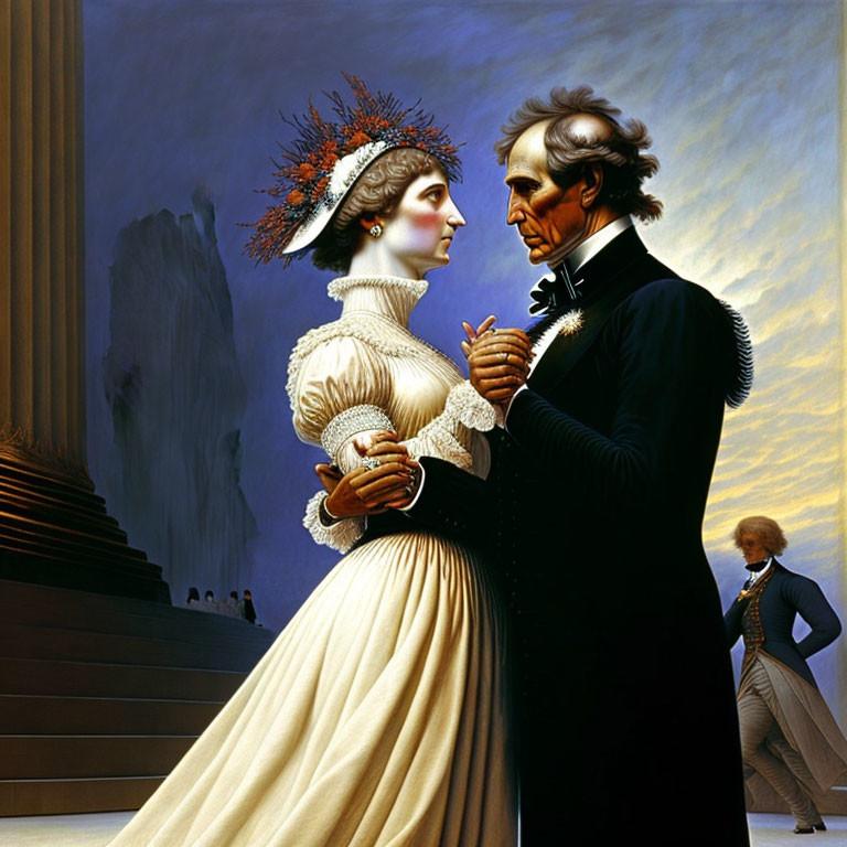 Stylized painting of couple in period attire with man observing, against expansive sky