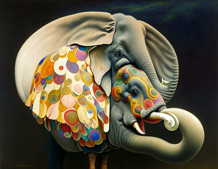 Surreal painting of two merged elephants, one adorned with colorful decorations