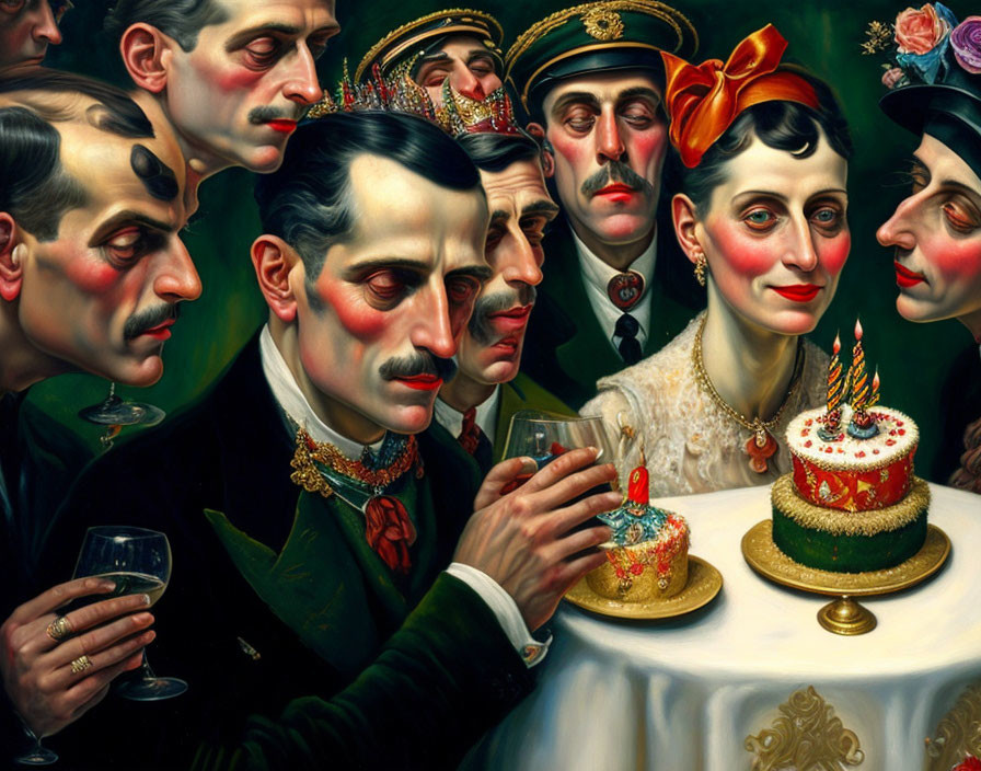 Group of people celebrating with exaggerated facial features and woman blowing out candles on cake