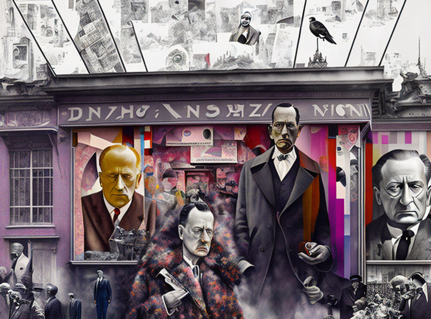 Colorful Surreal Collage of Three Historical Figures in Suits