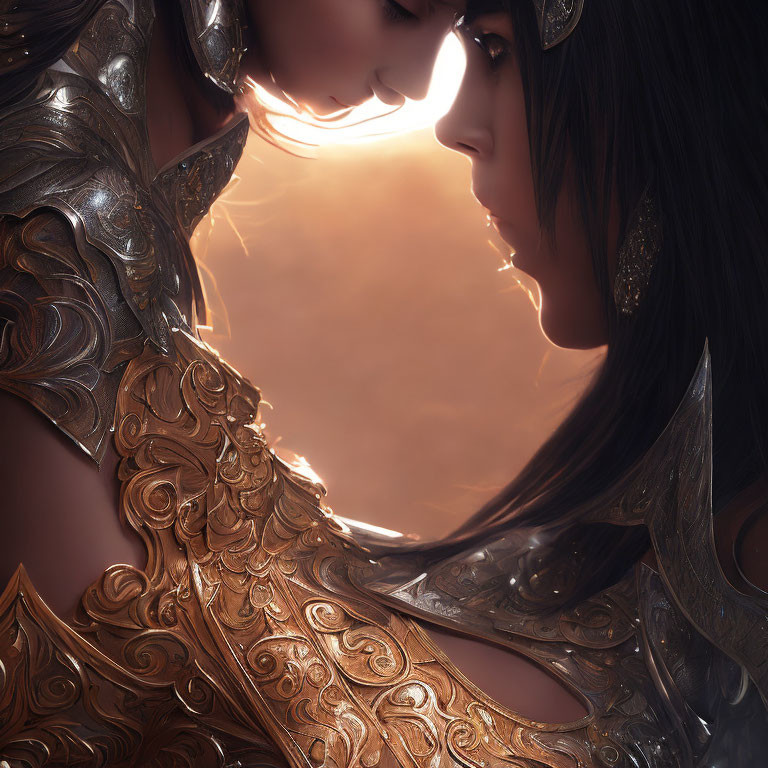 Two individuals in ornate armor under warm glowing light.