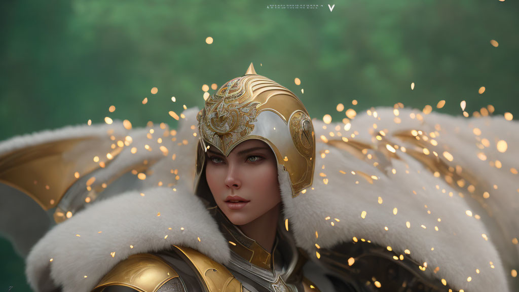 Detailed Female Warrior Digital Art in Golden Armor on Green Background