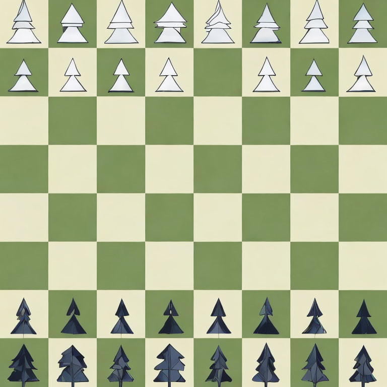 Chessboard Pattern with Green Squares & Tree-Shaped Chess Pieces
