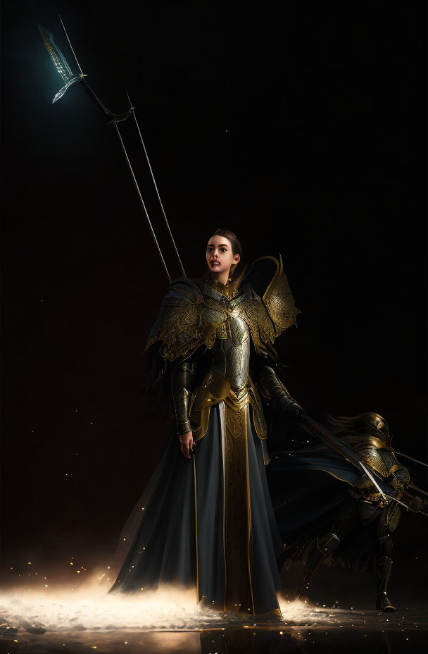 Majestic warrior woman in golden armor with bow and arrow on dark backdrop
