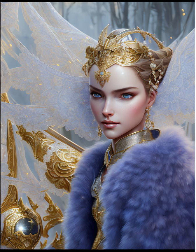 Fantasy illustration of figure with golden headpiece, blue eyes, wings, and blue fur