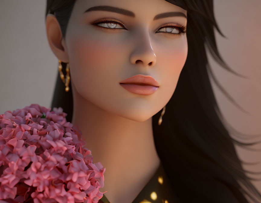 Brown-haired woman 3D rendering with pink hydrangeas and gold earrings