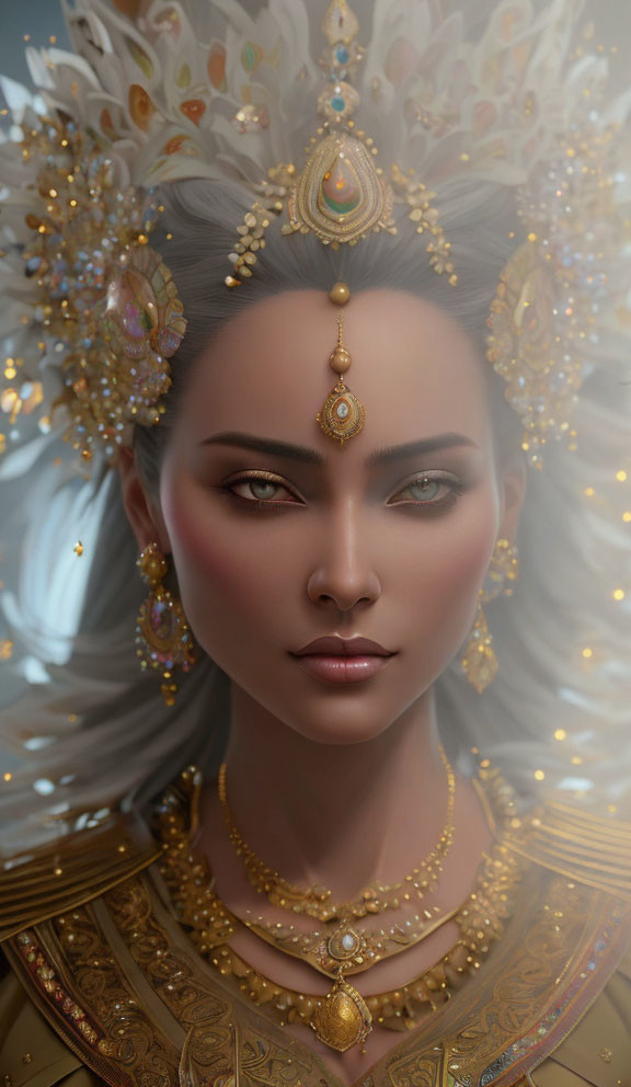 Regal woman with golden jewelry and intricate headdress.