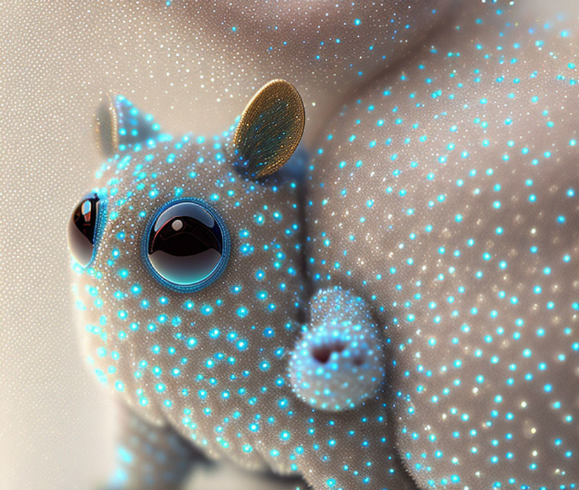 Whimsical blue creature with sparkling dots and big eyes