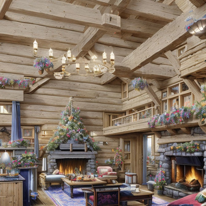 Cozy Rustic Christmas Decor with Wooden Interior & Stone Fireplace